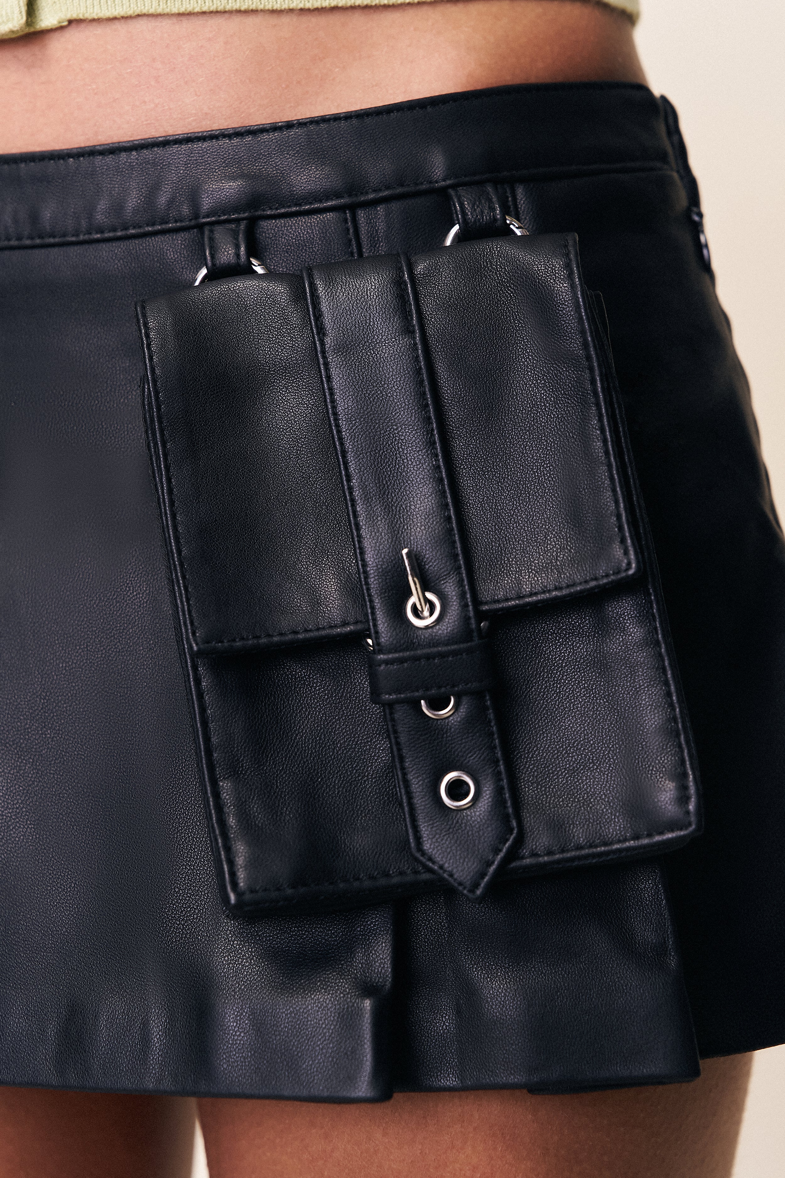Onyx Leather Cargo Mini Skirt - Image 3
